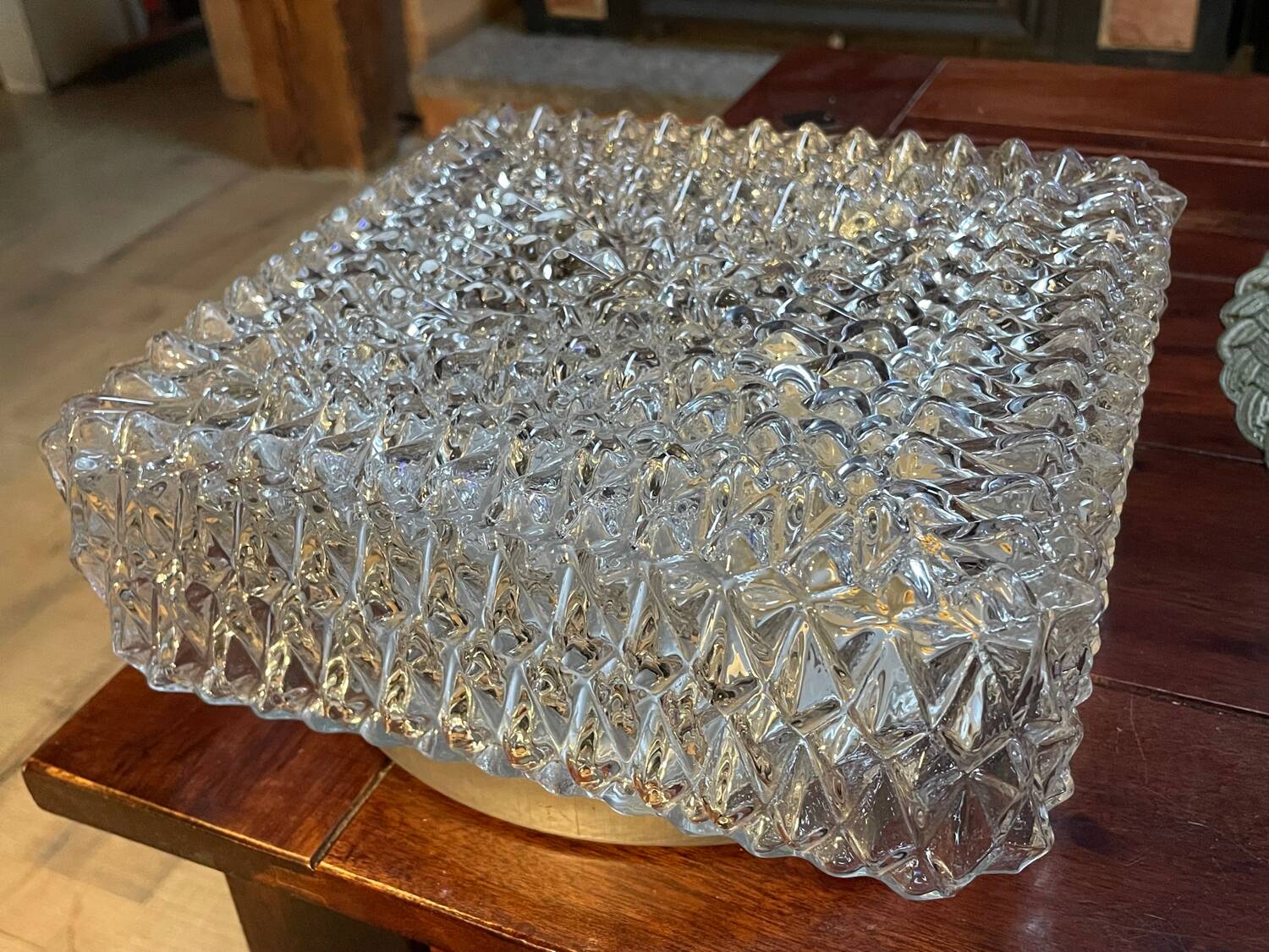 Vintage Flush Mount Square Glass Ceiling Lamp, Diamond Triangle Motif
