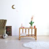 Vintage rectangular side coffee table in wood and rattan with magazine rack