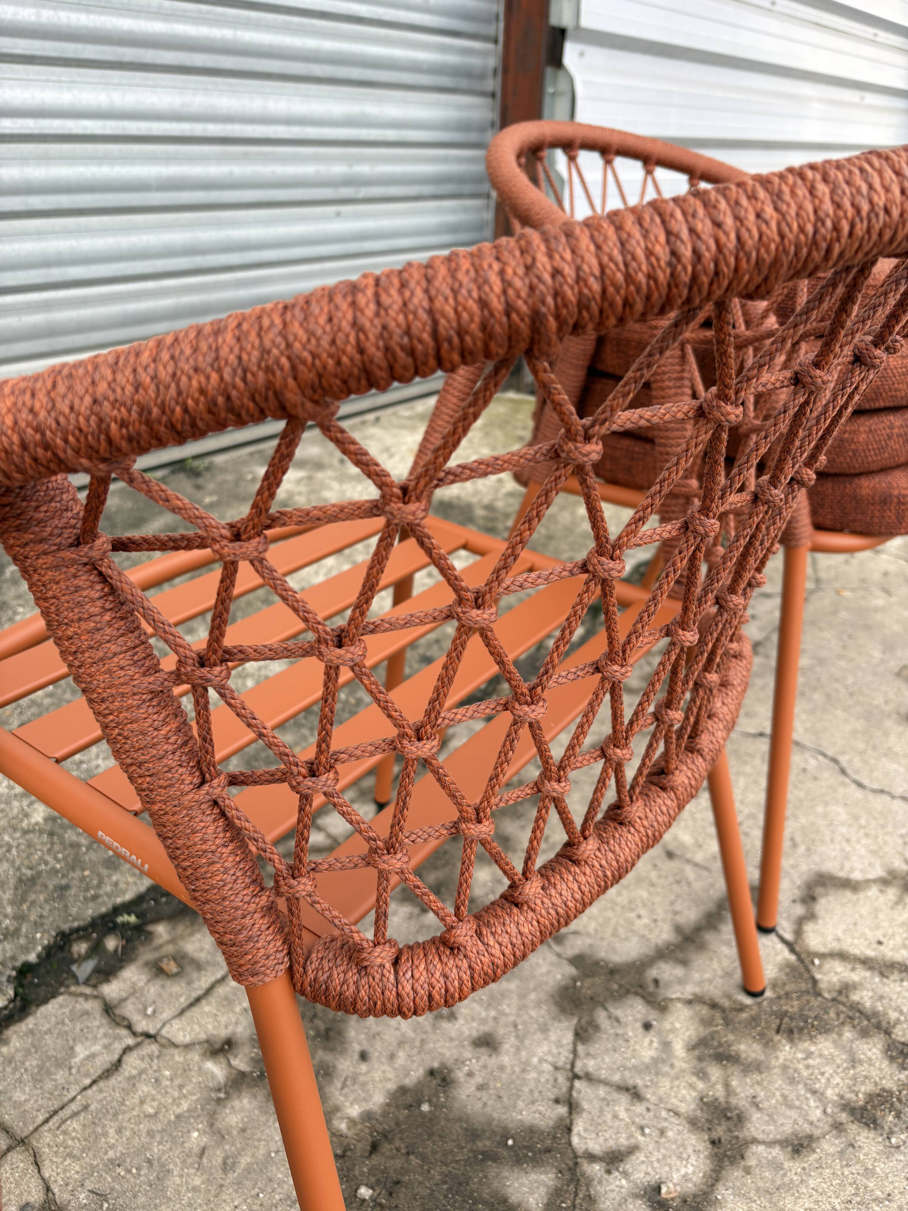 Set of 4 new Pedrali brand outdoor and indoor cordage armchairs with cushions