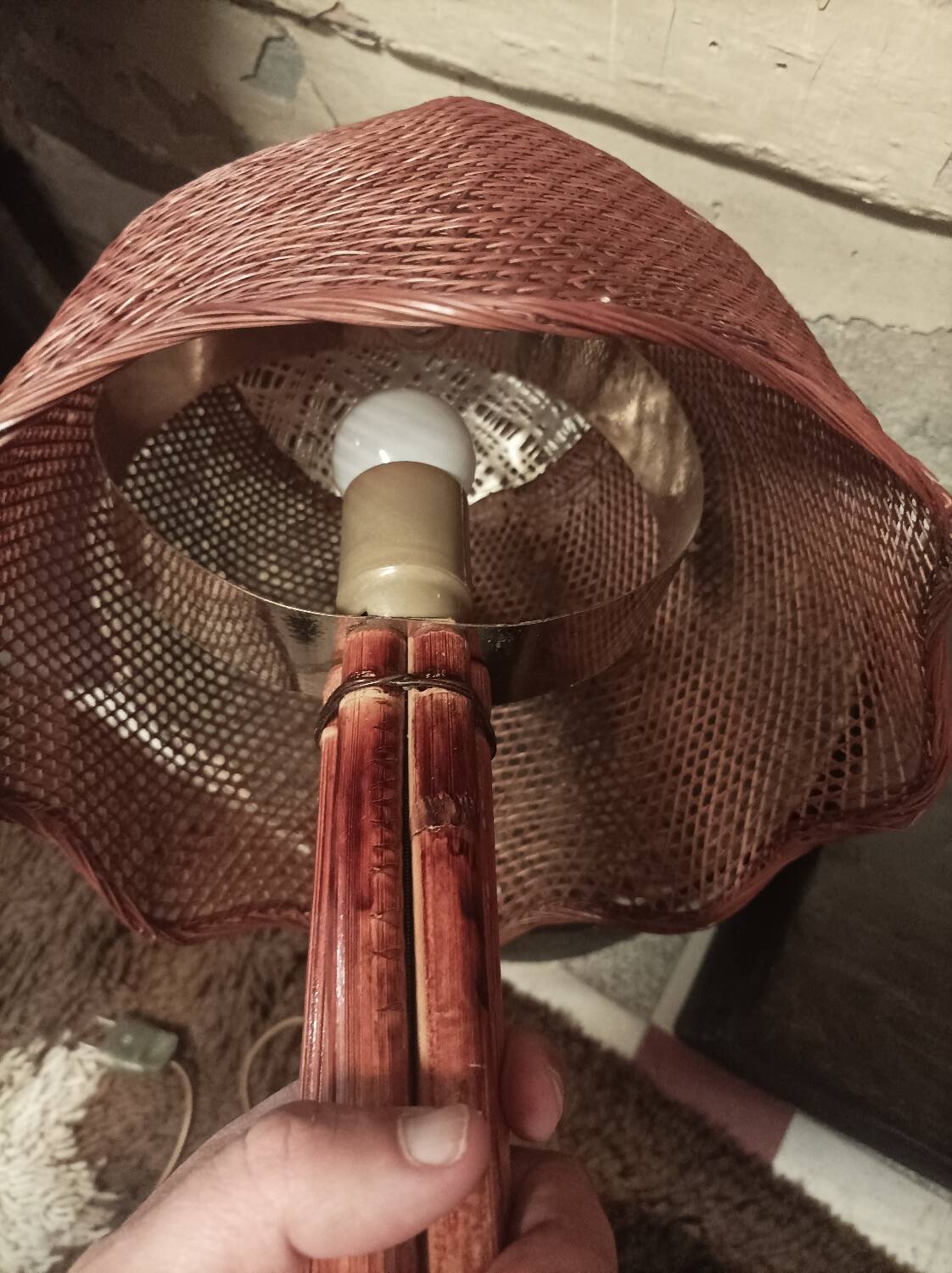 Vintage rattan and chrome metal lamp – 1970s/1980s