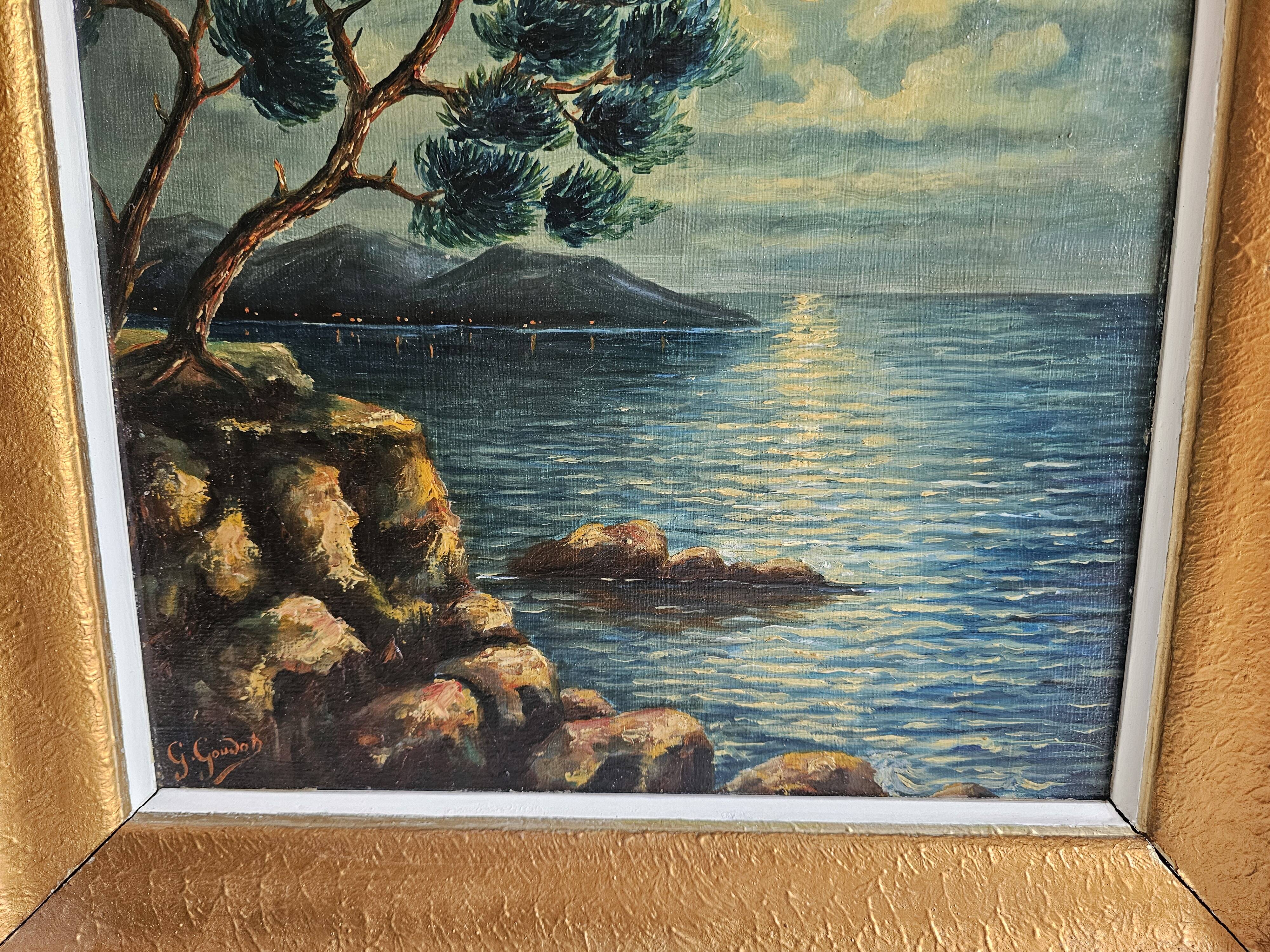 Oil on Panel - Marine Mediterranean Landscape at Night G Goudon