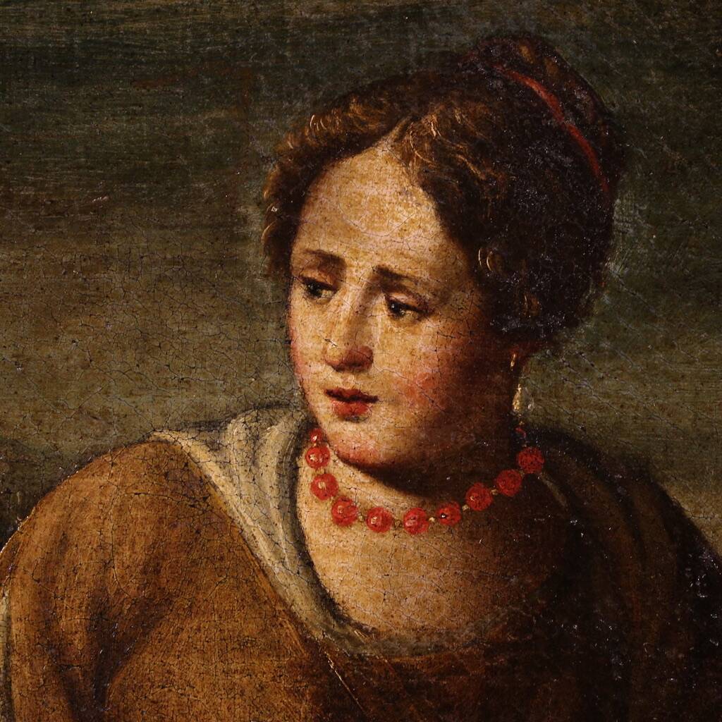 Peinture italienne antique Le Christ et la Samaritaine au puits