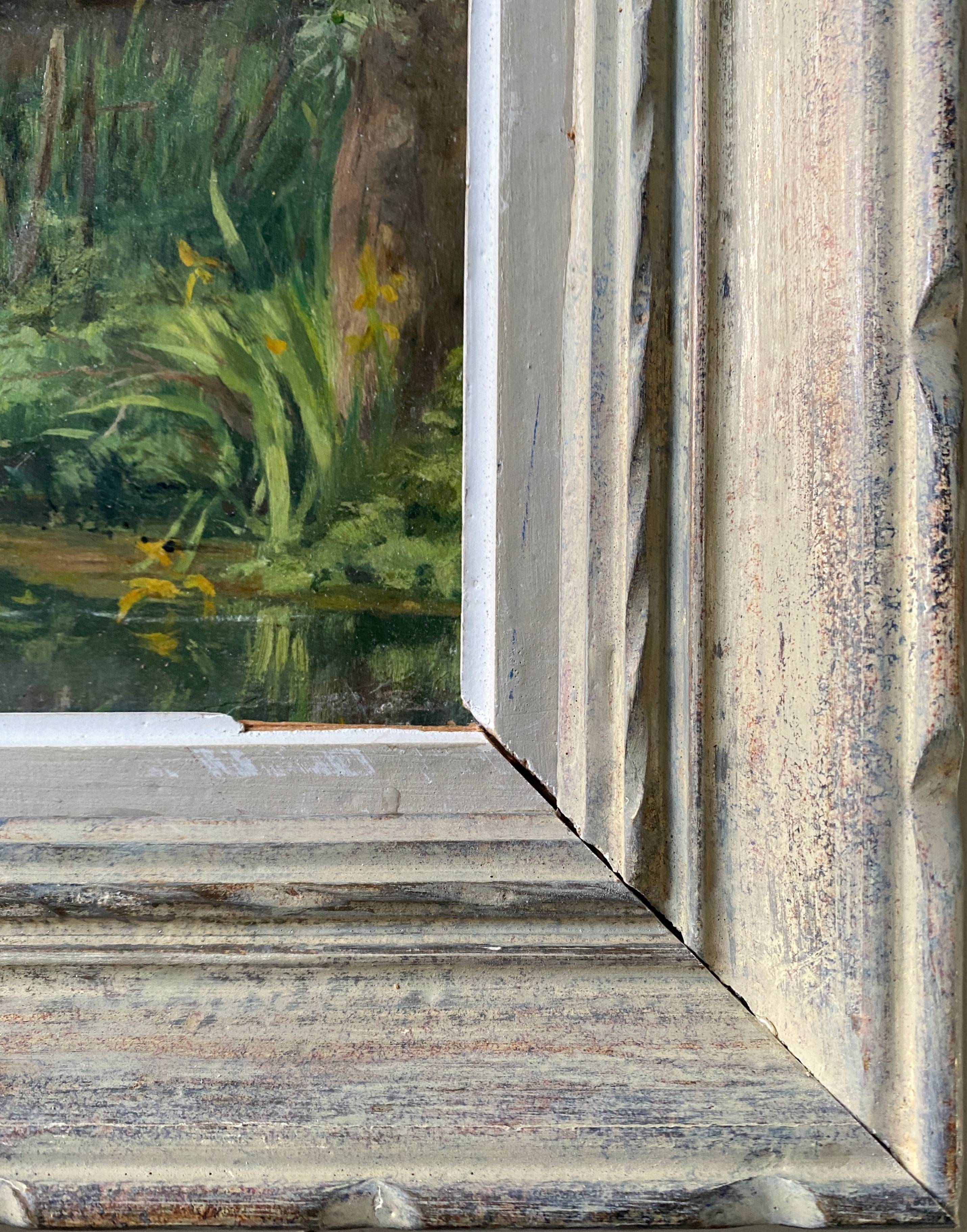 HSP 1917 painting signed Romezin "Cabin by the water" + frame