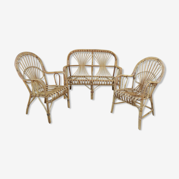 Bench rattan lounge - 2 chairs 1960