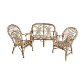 Bench rattan lounge - 2 chairs 1960