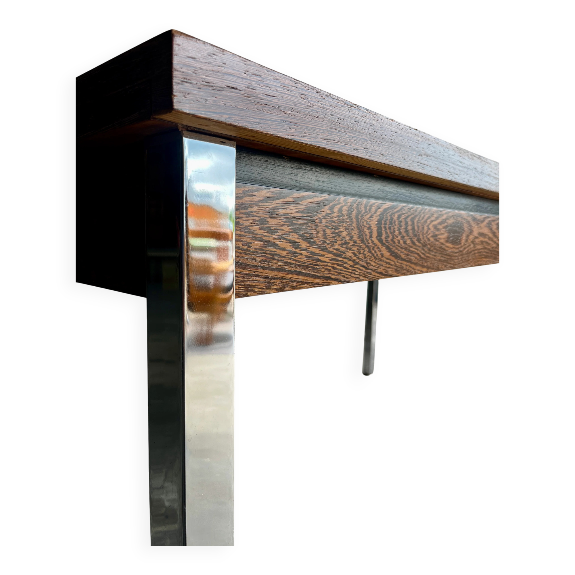Mid-Century Belgian Brown Wood Veneer Dining Table with Chrome Legs — Silver Metal Base
