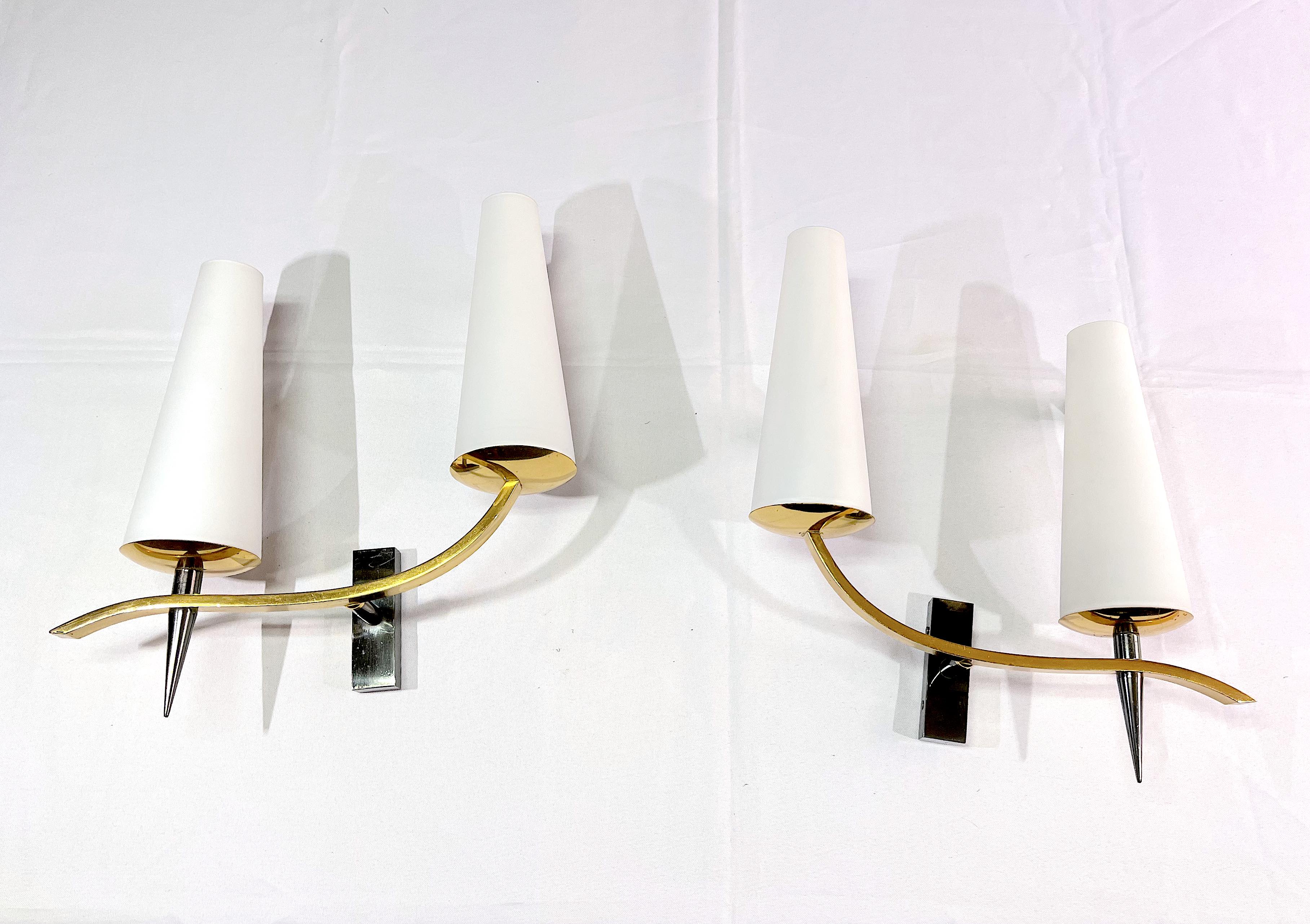 Pair of double sconces in brass and opaline, Maison Arlus, France, Mid-Century