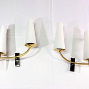 Pair of double sconces in brass and opaline, Maison Arlus, France, Mid-Century