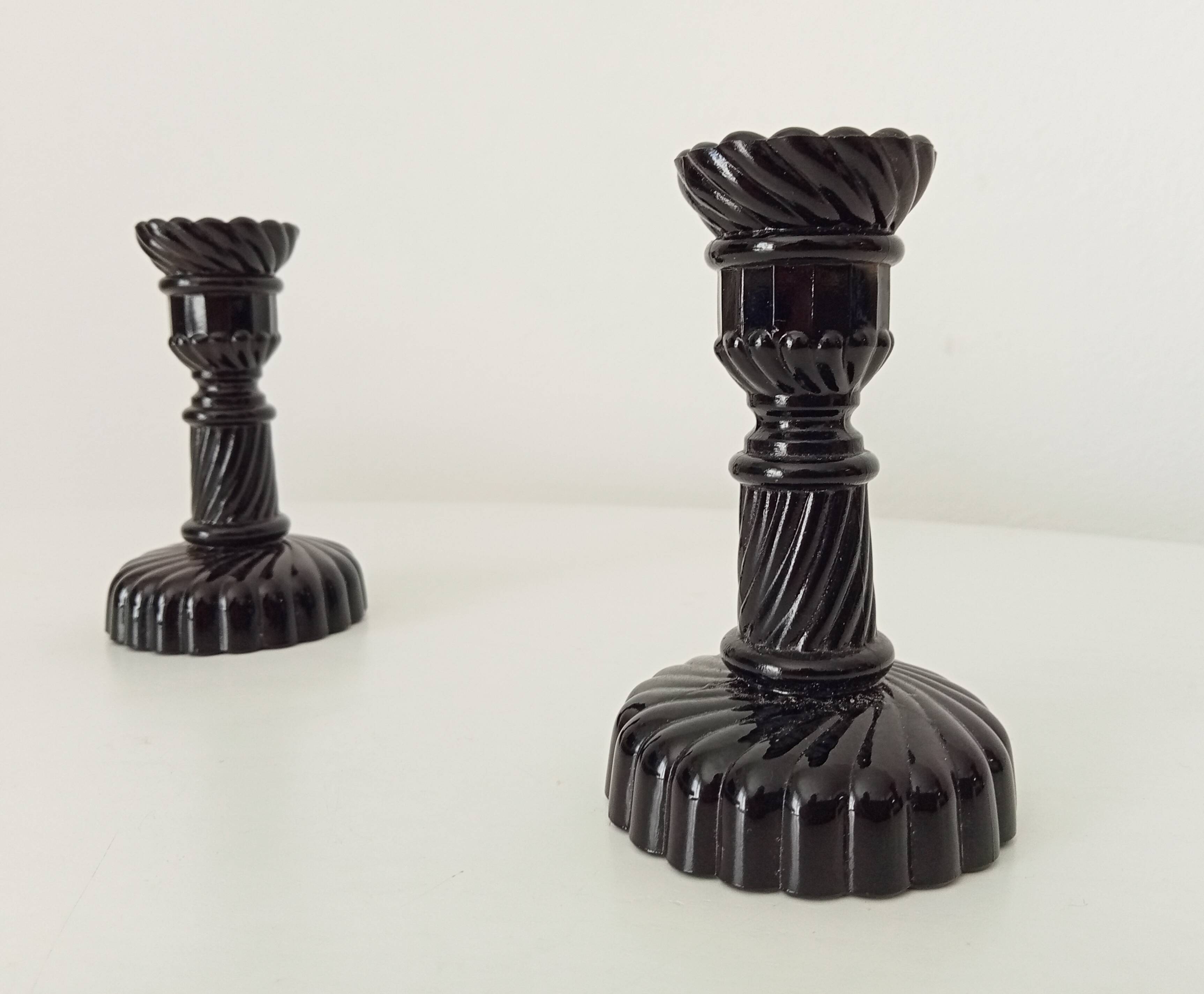 Pair of vintage 60s candlesticks in black opaline