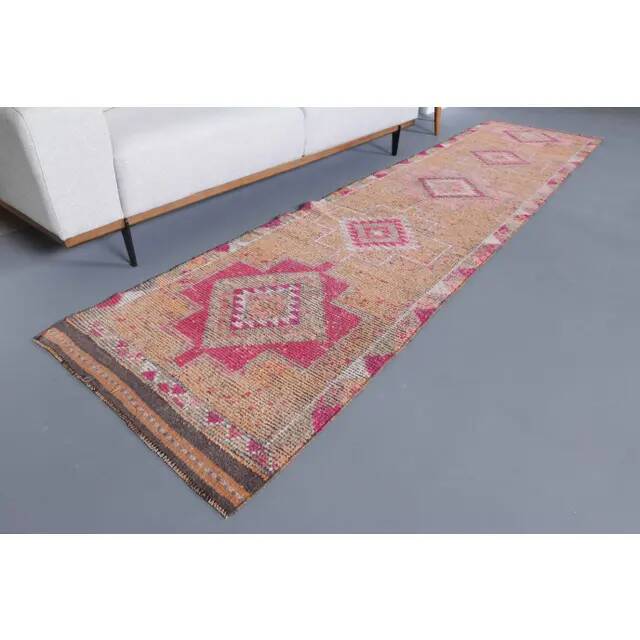 Vintage Turkish Hand-Knotted Wool Cotton Orange Runner Rug 83x355
