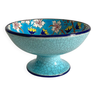 Small bowl on foot in blue Longwy “Florence” enamels