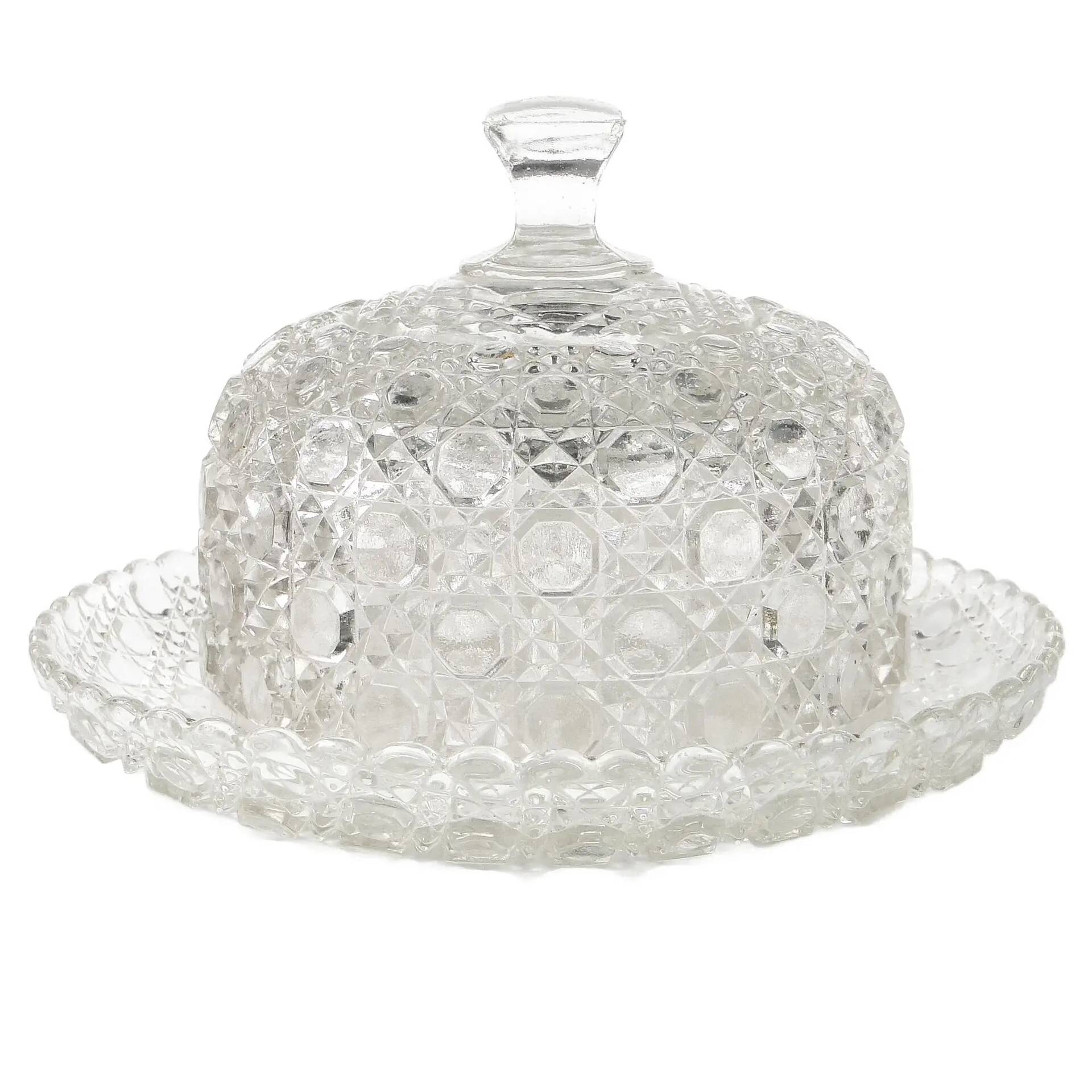 Conteneur à fromage ou à beurre Art Déco, en verre pressé, Tchécoslovaquie, années 1950.