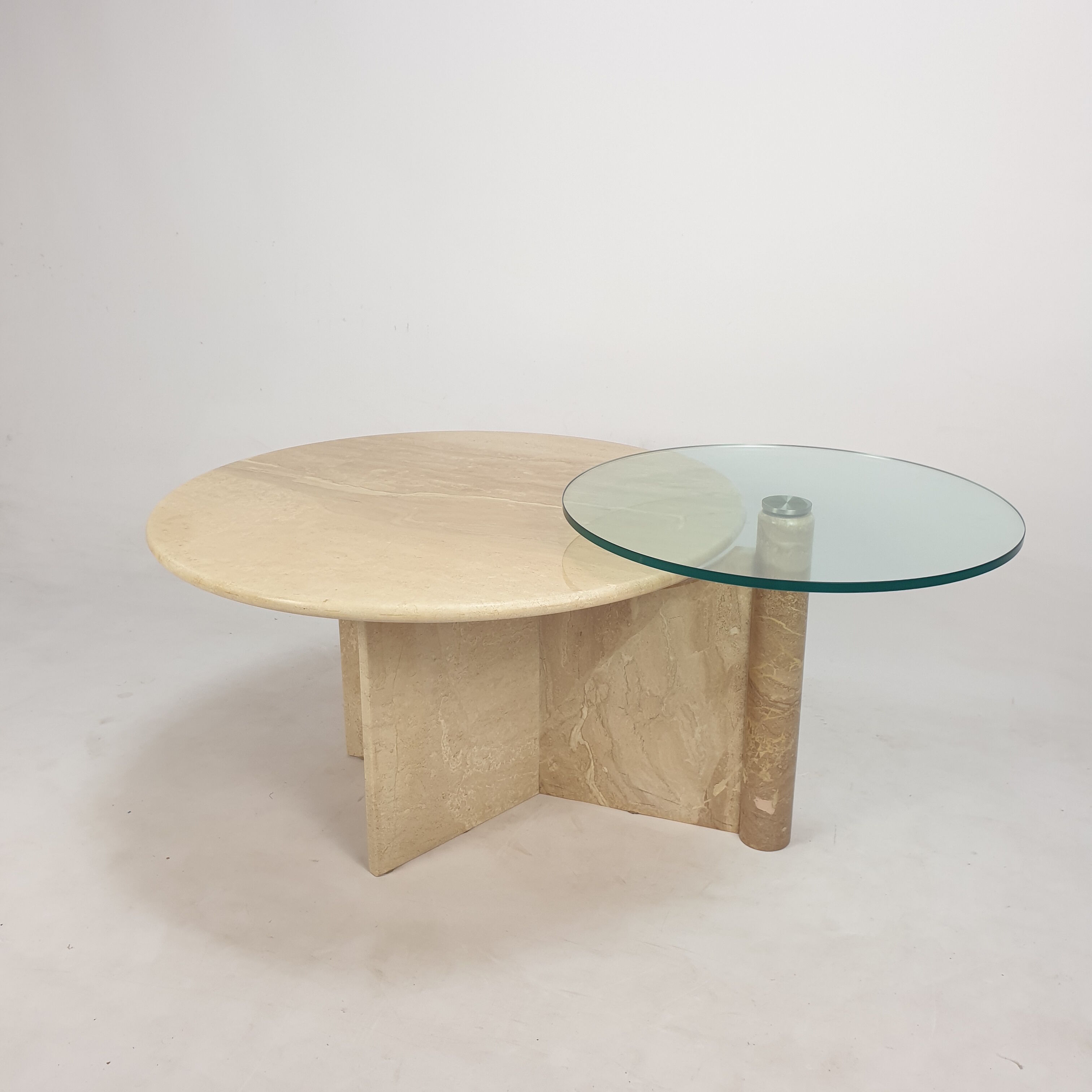 Italian travertine and glass coffee table, 1980