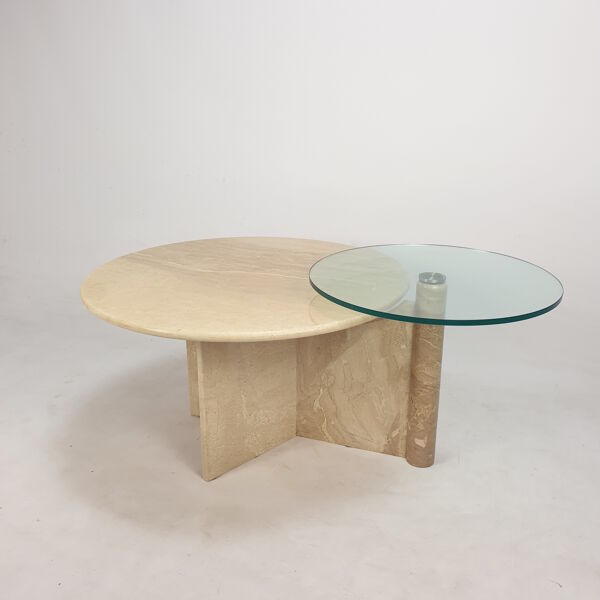 Table basse italienne en travertin et verre, années 1980
