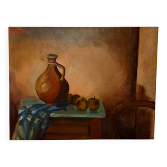 Still life, oil on canvas, interior scene, earthenware pot and apples