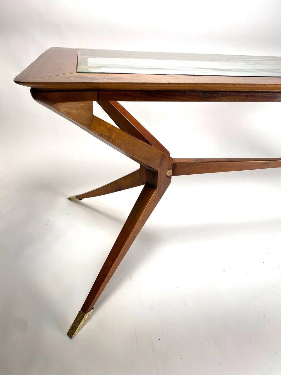Vintage Italian Table in Wood and Brass by Turin School, 1950s