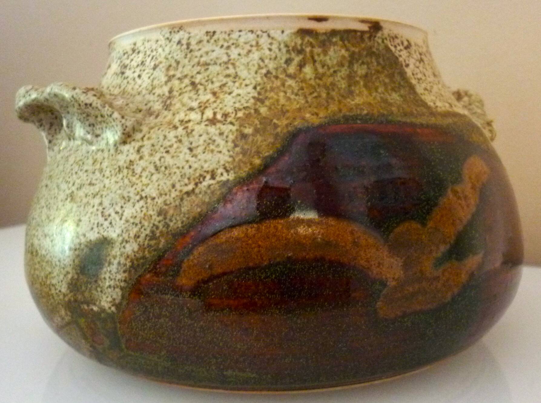 Vegetable dish, covered pot, glazed ceramic art, 1970s, signature to be identified