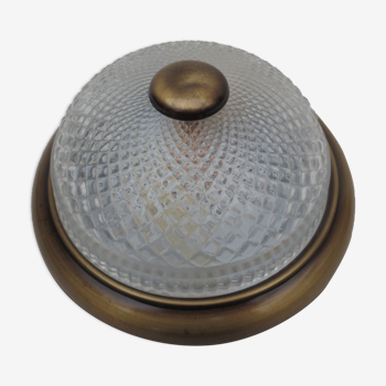 Plafonnier rond, support métal façon laiton vieilli et son globe