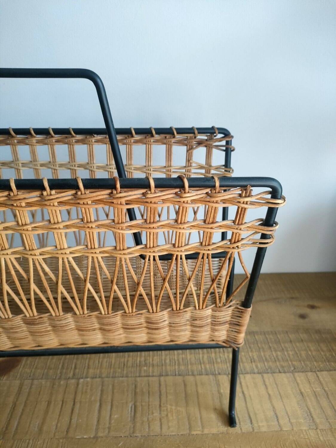Iron and Rattan Magazine Rack - 1960s - Vintage