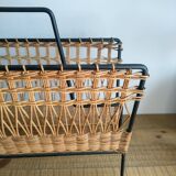 Iron and Rattan Magazine Rack - 1960s - Vintage