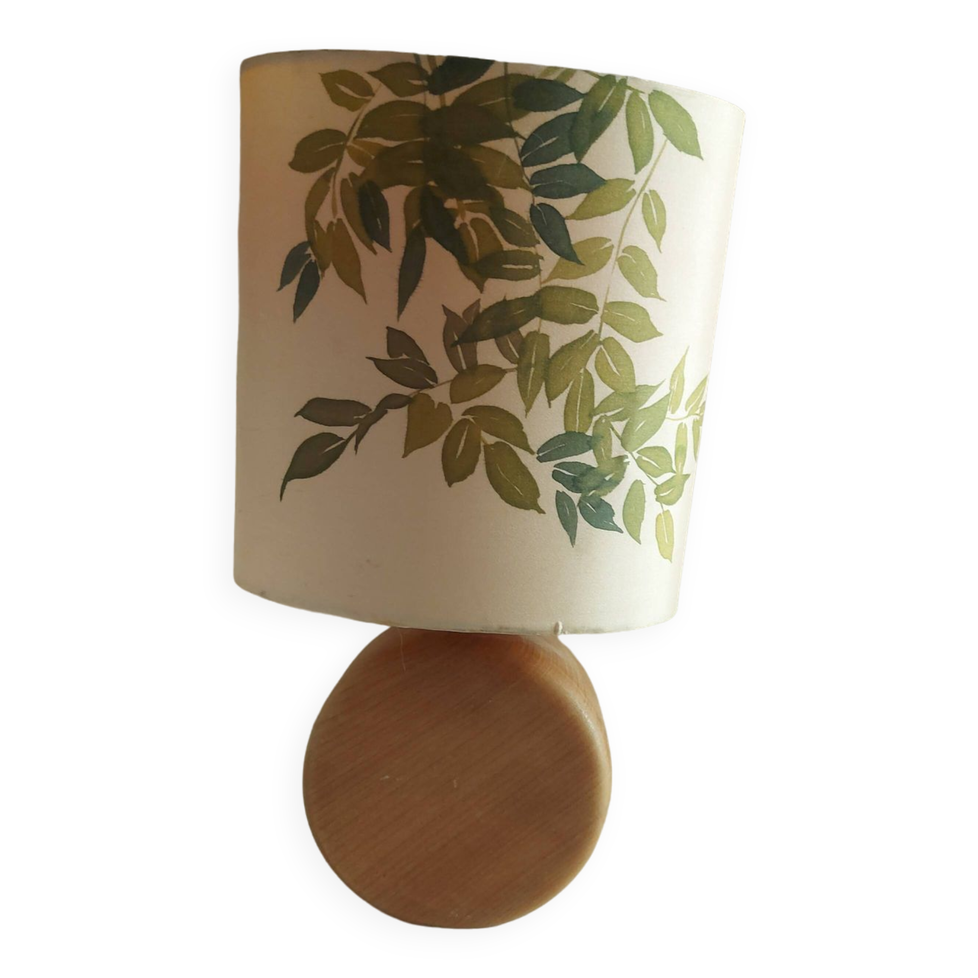 Wooden lamp with silk lampshade, hand painted, signed