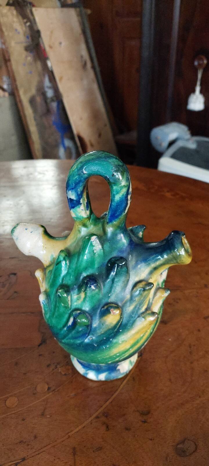 Antique glazed terracotta jug from Seminara Calabria, signed Ditto