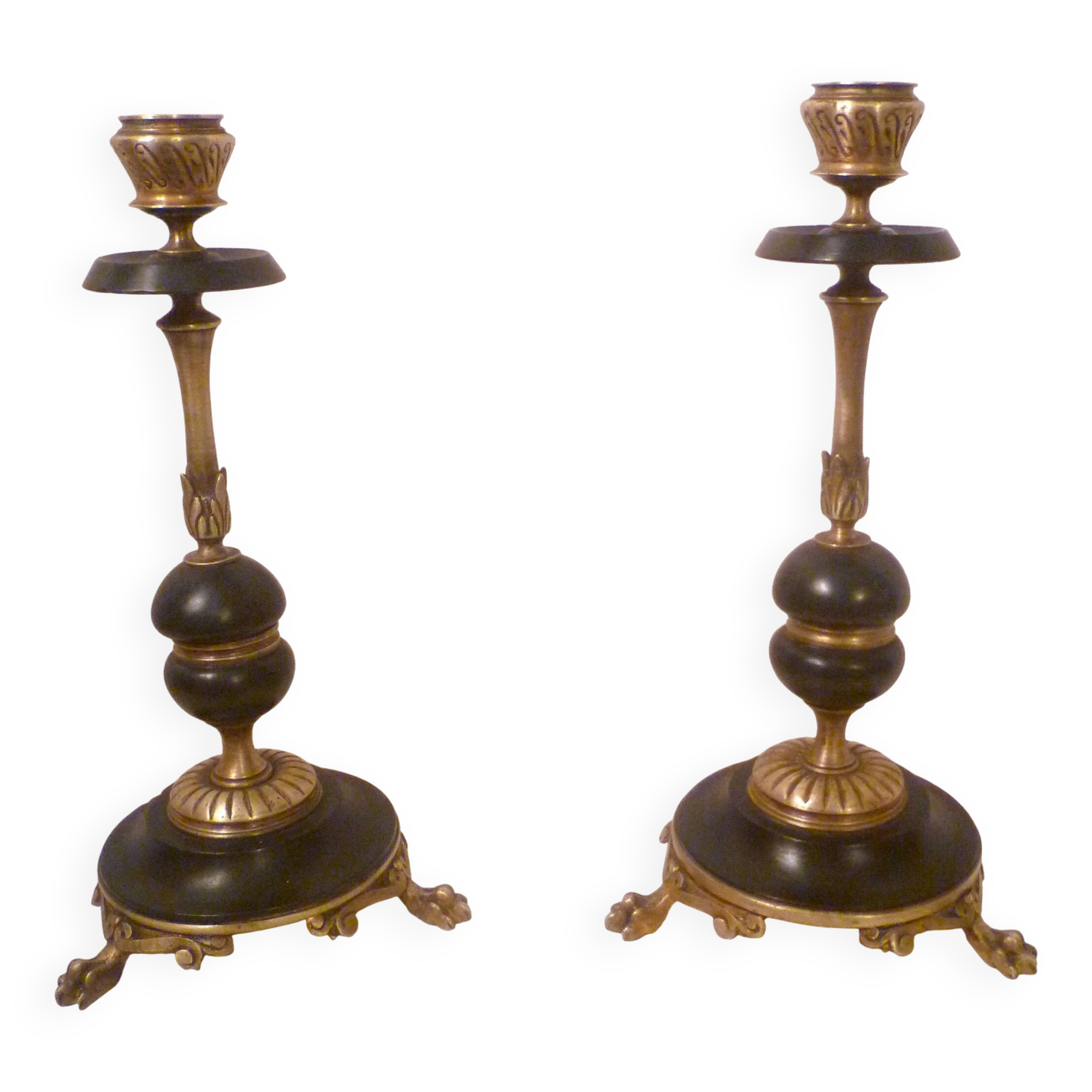 Pair of lion paw candlesticks 19th century napoleon iii in bronze & stone