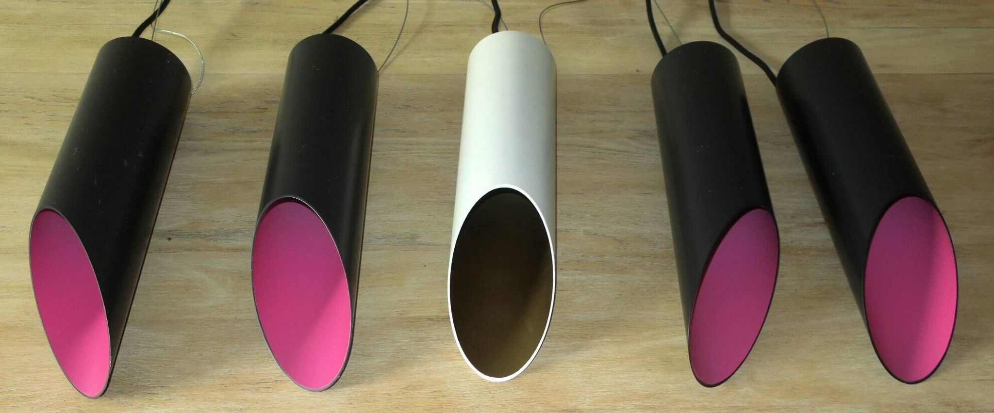Set of 5 multicoloured Raak cylindrical pendant lights, 1970s