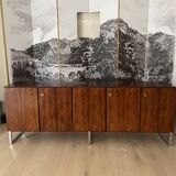 Scandinavian sideboard in rosewood, 5 doors. Chrome square tube base.