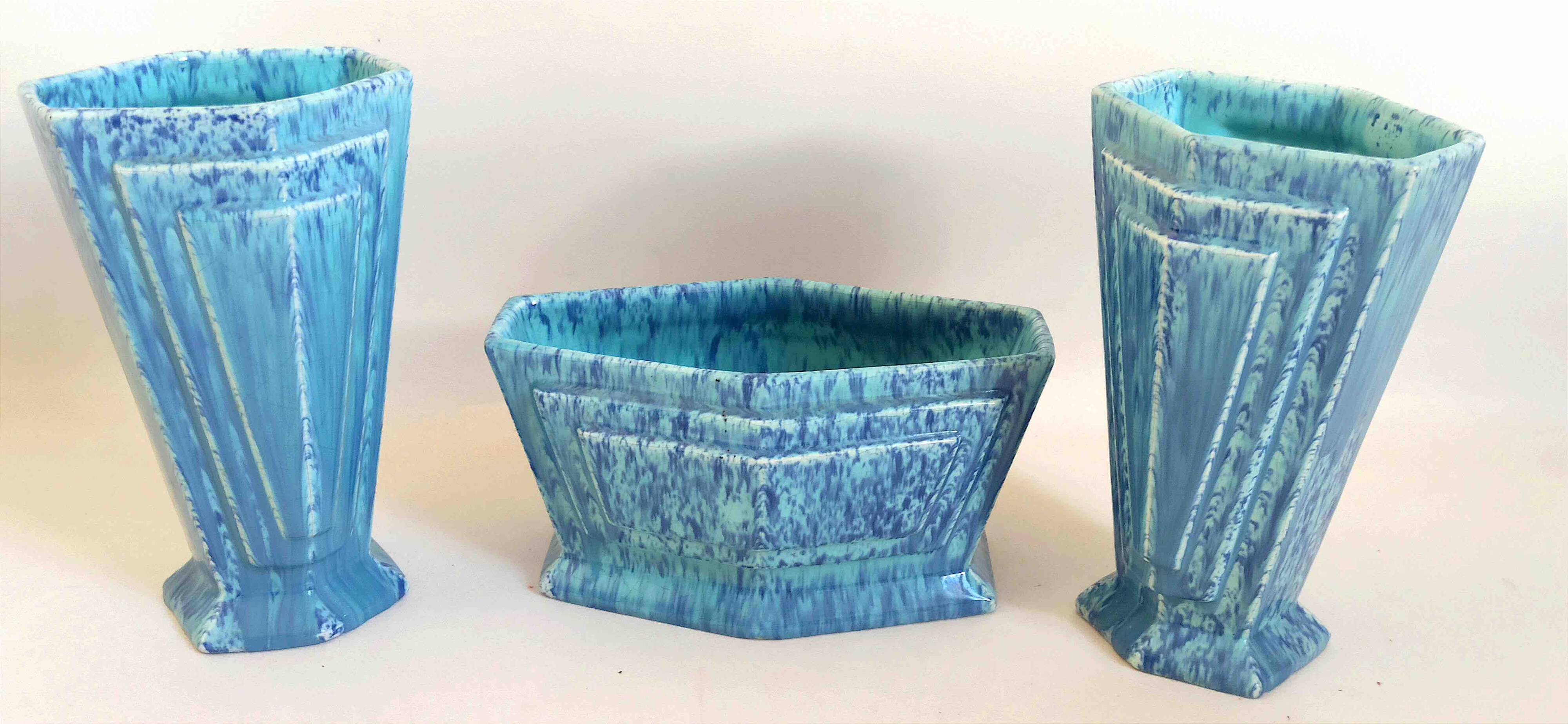 3-piece Art Deco blue fireplace surround