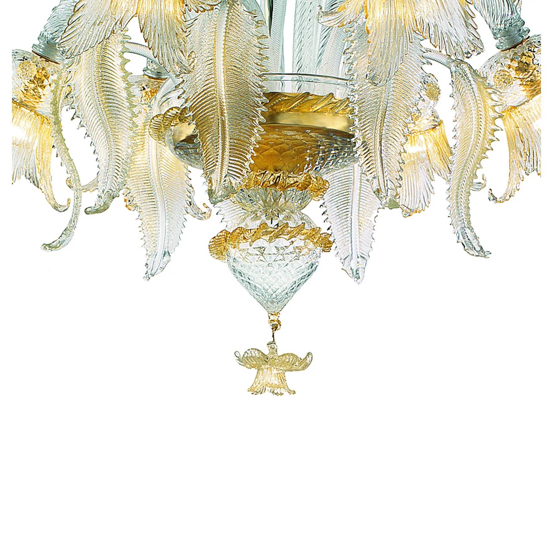 Luxury Italian Clear and Gold-Leaf Chandelier With Flowers and Leaves Muran