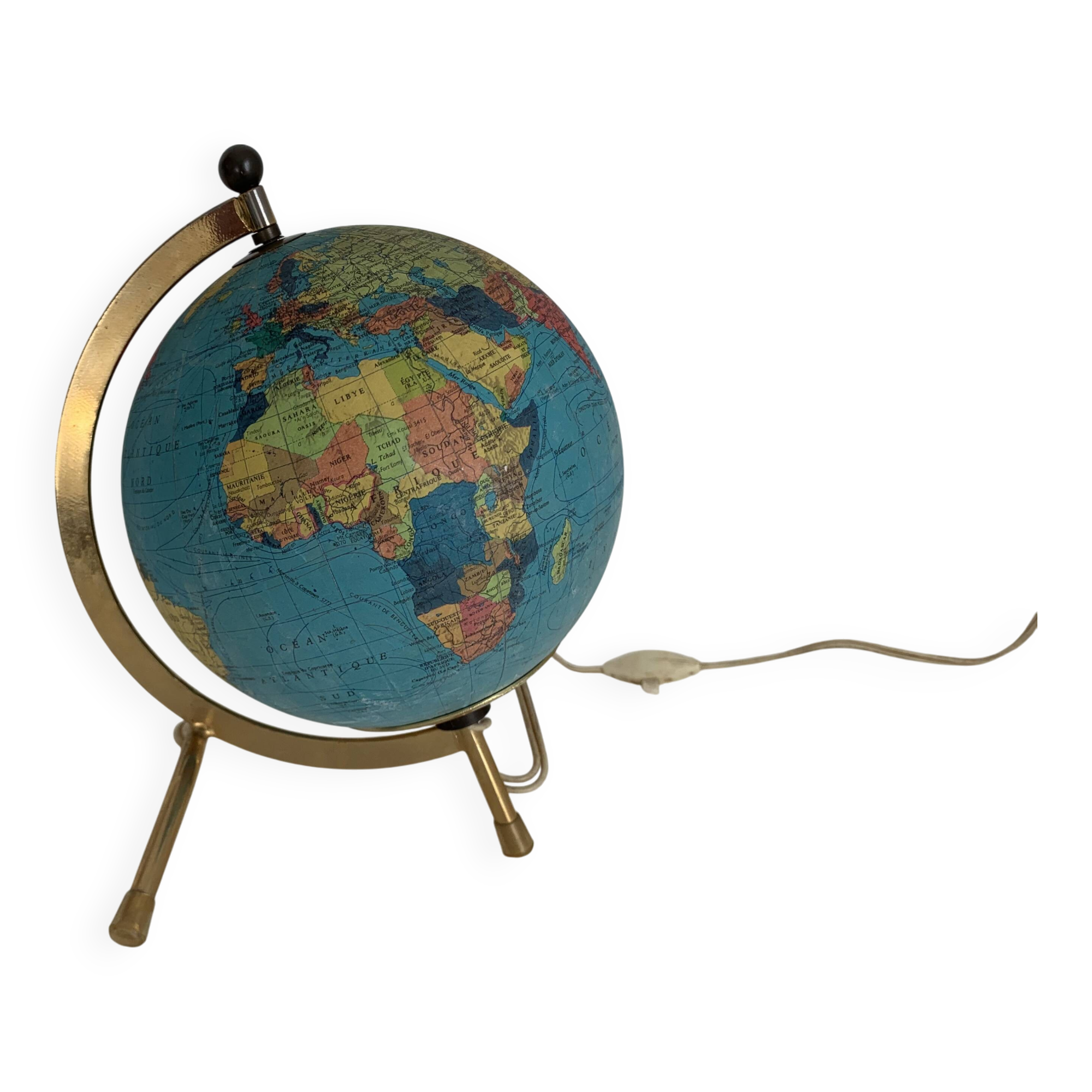 Globe vintage 1970 terrestre Taride tripode doré verre mappemonde - 23 cm