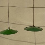 Industrial suspension pair with XL enamelled metal lampshade.