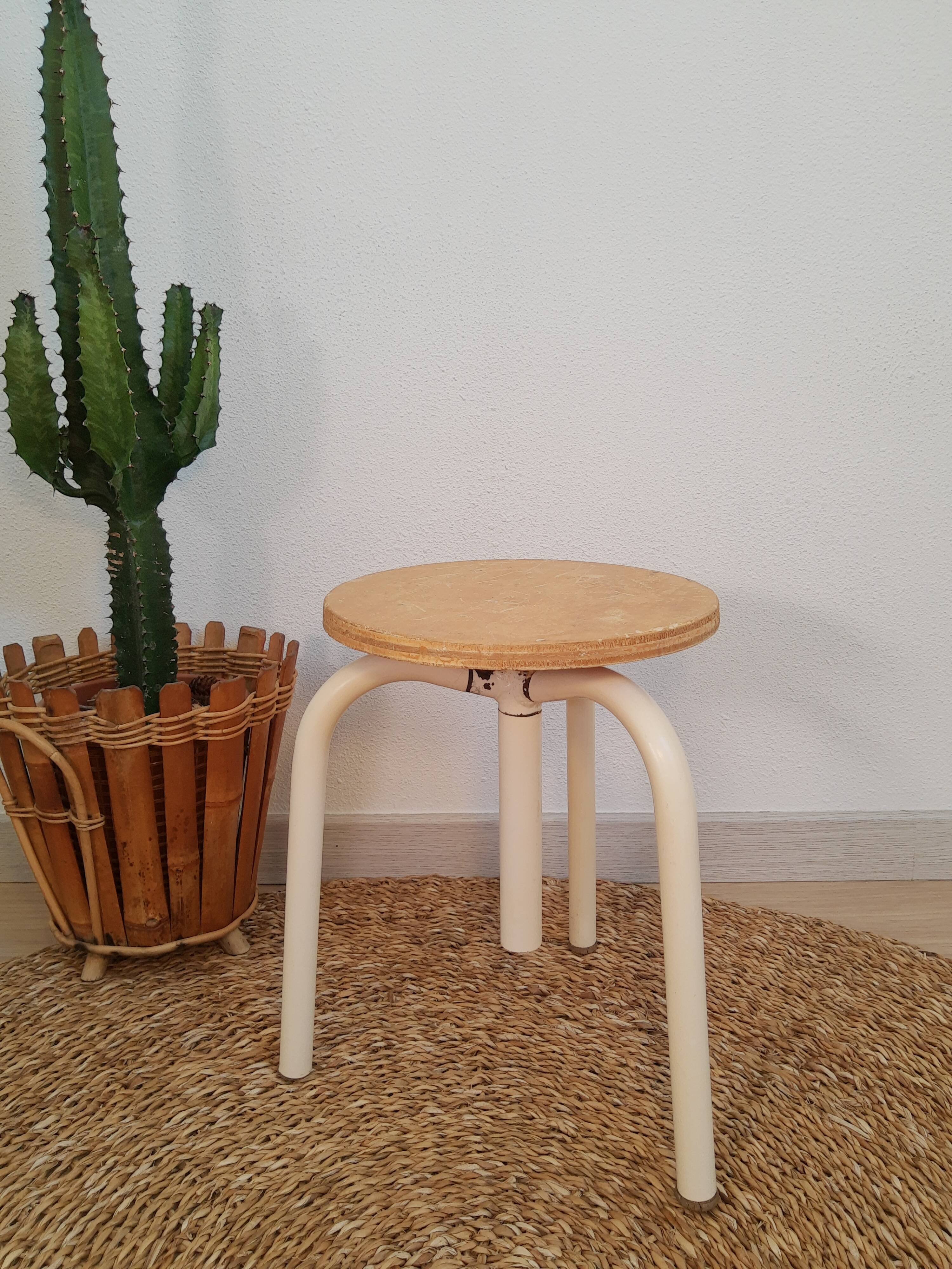 Wood & metal tripod workshop stool with industrial screws