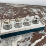 Set of 4 salerons, Christofle goldsmithery, solid silver, pressed molded glass