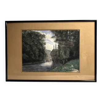 Pinet (h), aquarelle paysage au pont signé daté fin xixème