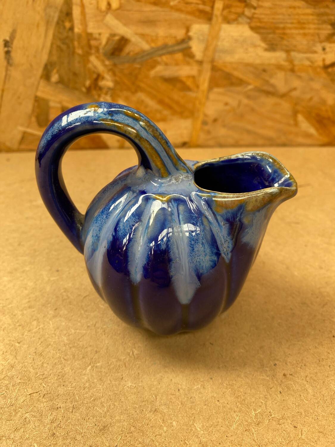 Antique alphonse mouton melon pitcher flamed ceramic blue vintage