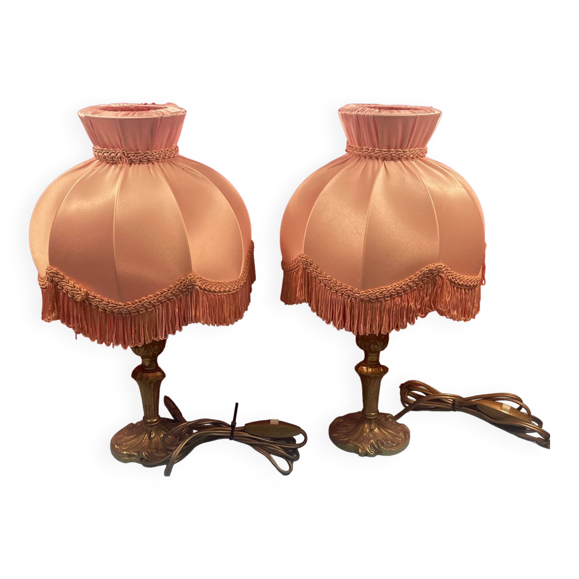 Pair of brass foot lamps, haloed but acceptable lampshades H 33 cm