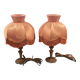 Pair of brass foot lamps, haloed but acceptable lampshades H 33 cm