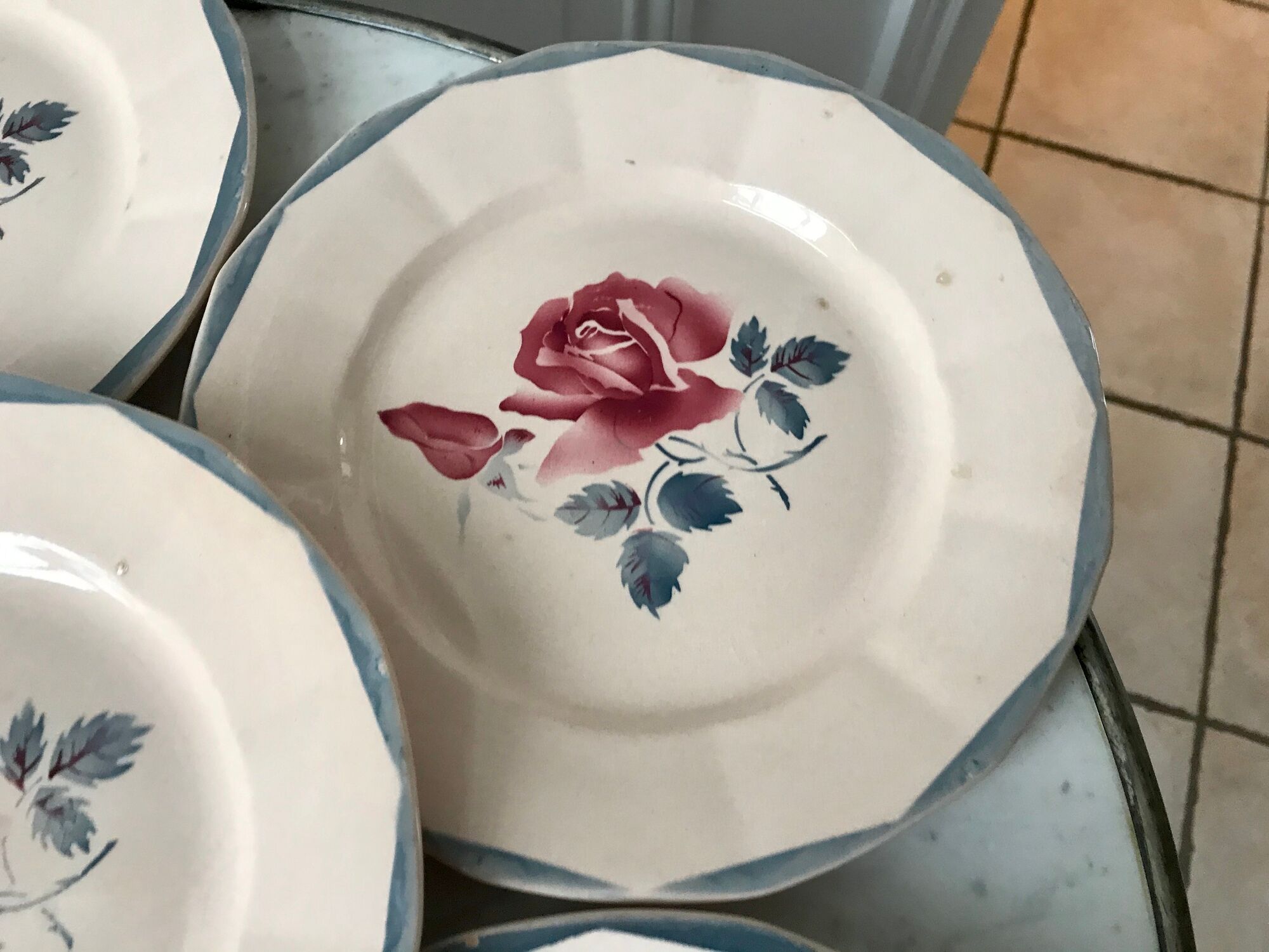 Set of 6 flat plates digoin sarreguemines pink and blue flowers 40s
