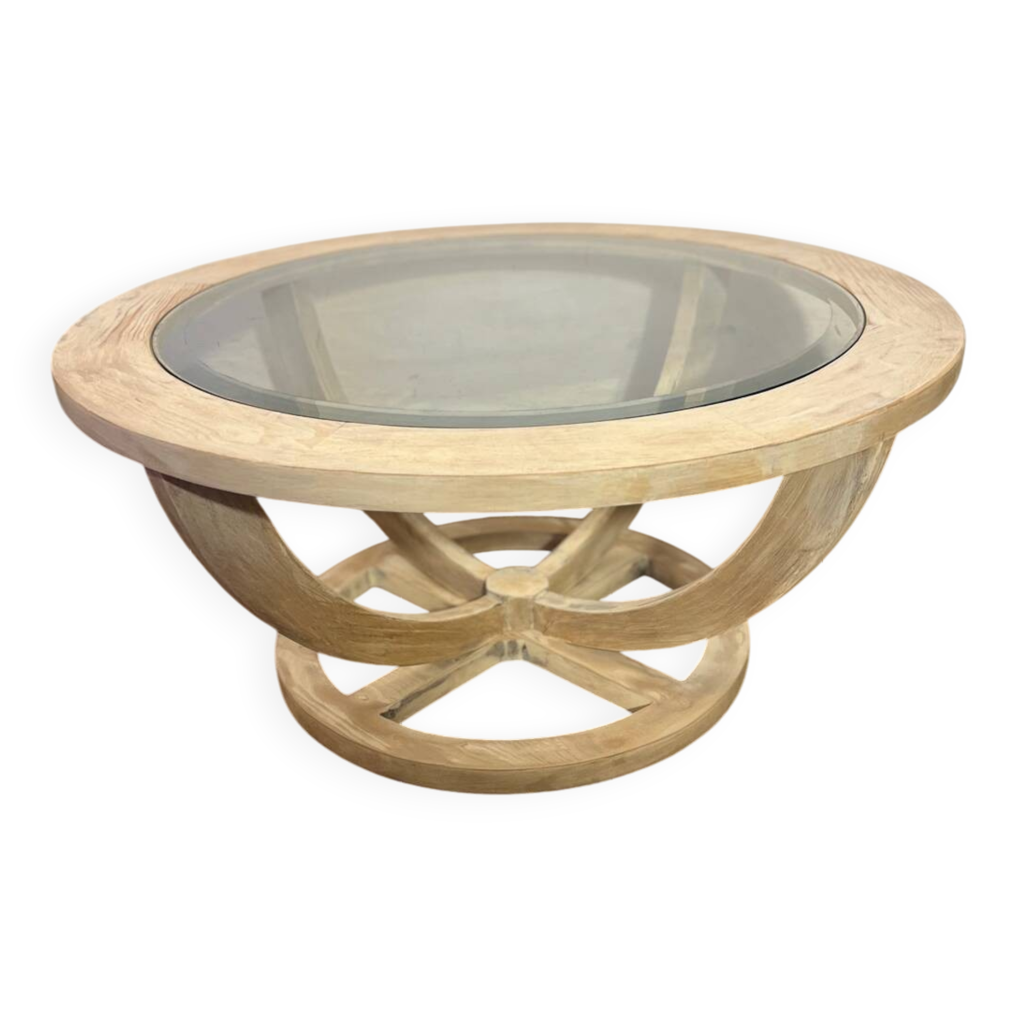 Oval patinated wood and beveled glass coffee table