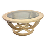 Oval patinated wood and beveled glass coffee table