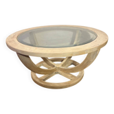 Table basse en bois patiné ovale et verre biseauté