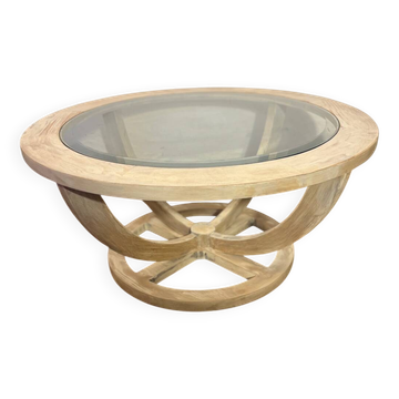 Table basse en bois patiné ovale et verre biseauté