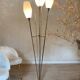 Vintage reed floor lamp in black metal and brass with three white opalines