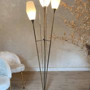 Vintage reed floor lamp in black metal and brass with three white opalines