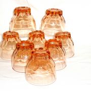 Vintage service in pink salmon glass – Carafe, 8 glasses, and Art Deco tray.