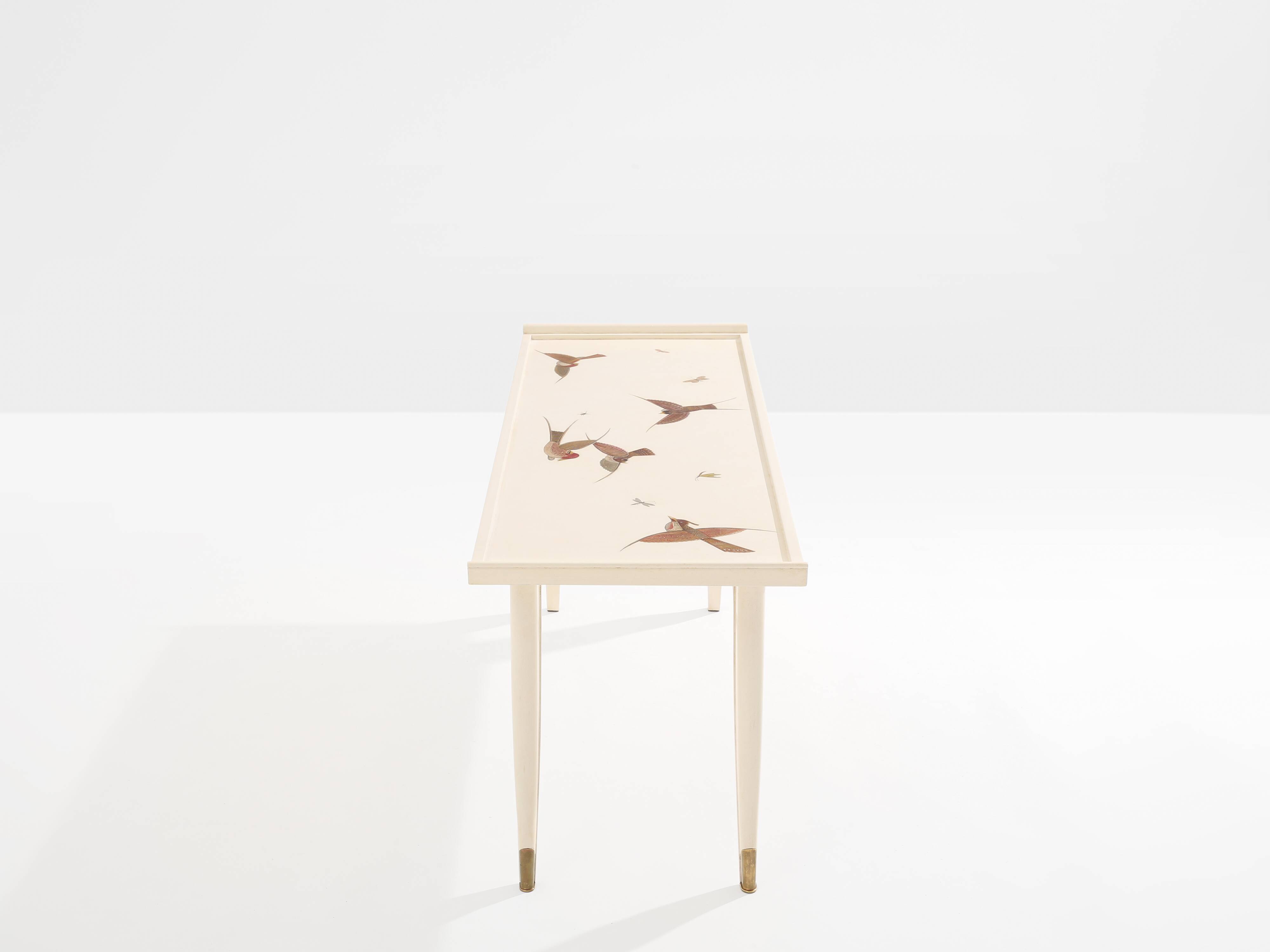 Maurice Jallot coffee table, painted oak with bird decorations, 1930.