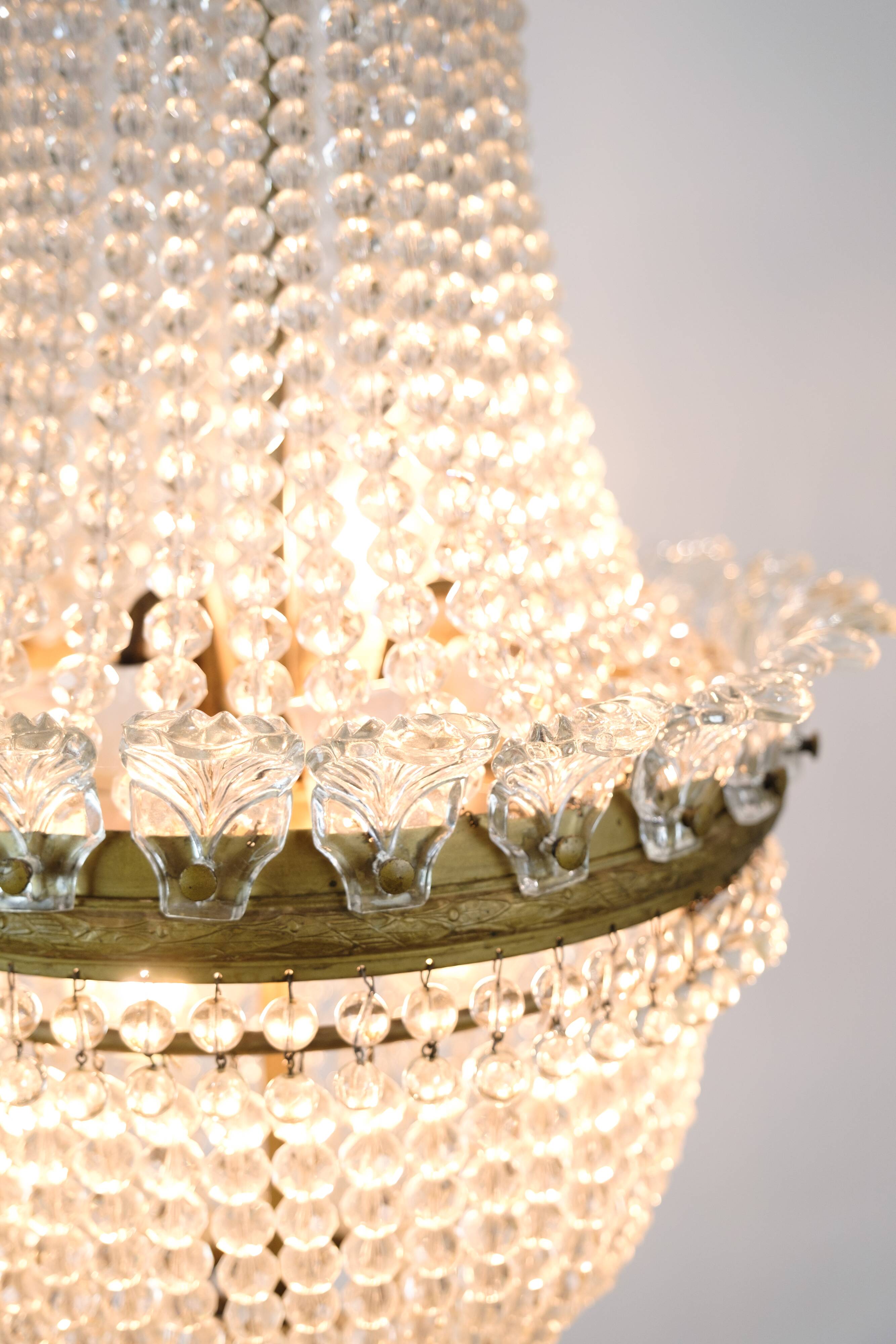 Antique Prism Chandelier Decorated In Brass, Bronze & Crystals From 1890s