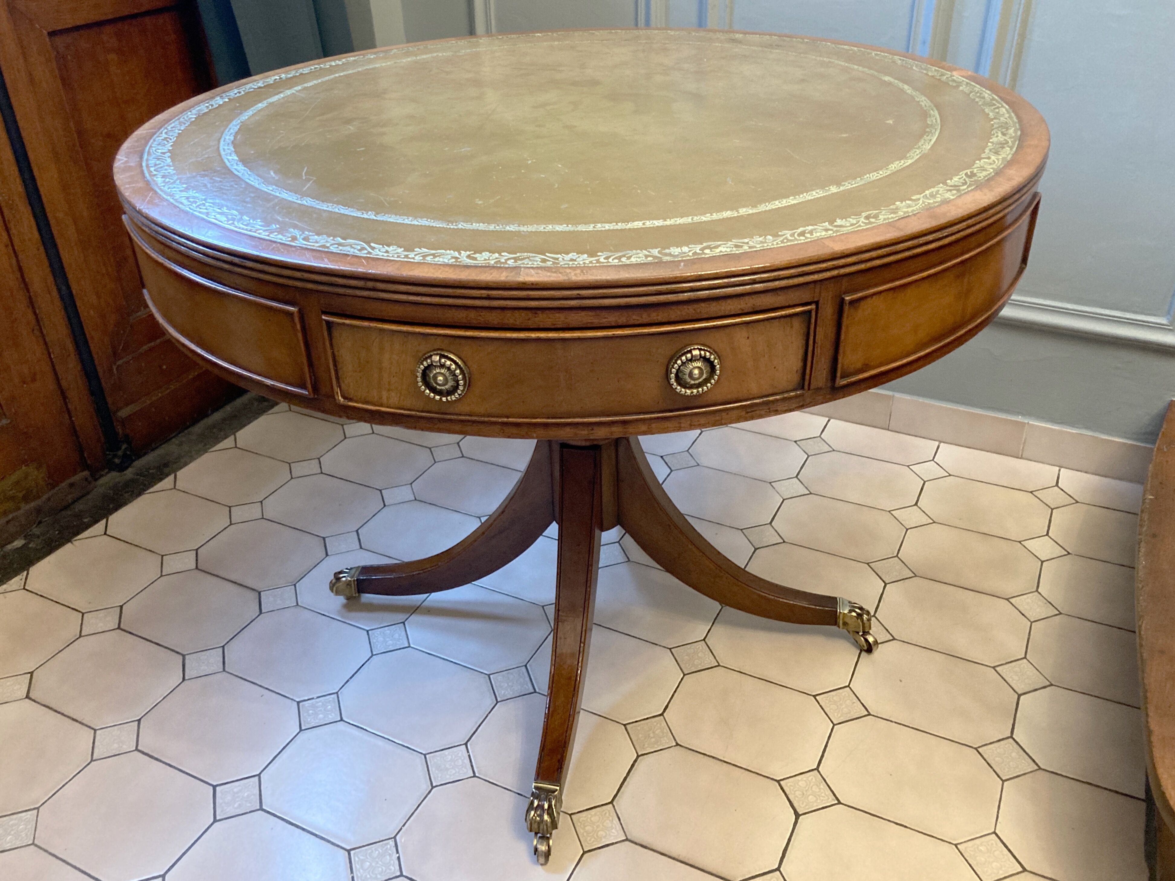 Old drum table 1900 cherry leather and brass